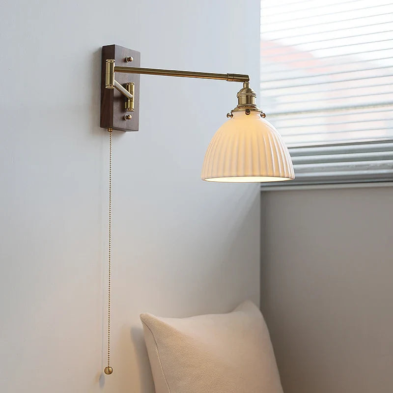 Afralia™ Copper Arm LED Wall Sconce Switch Light, Adjustable Lampshade, Pull Chain, Beside Lamp