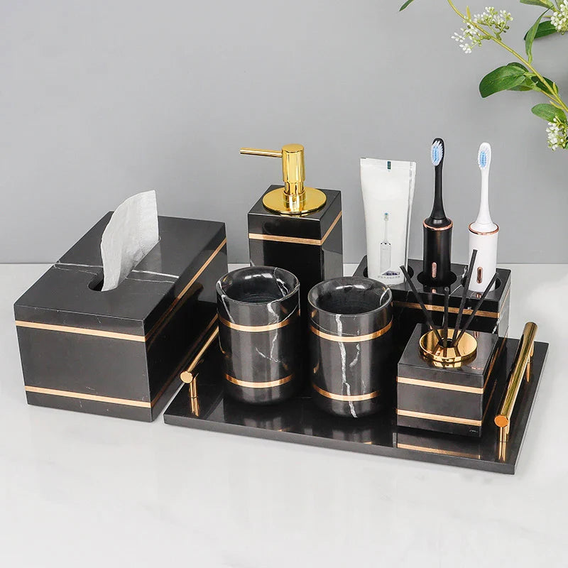 Afralia™ Nero Marquin Marble Bathroom Set with Gold Accents