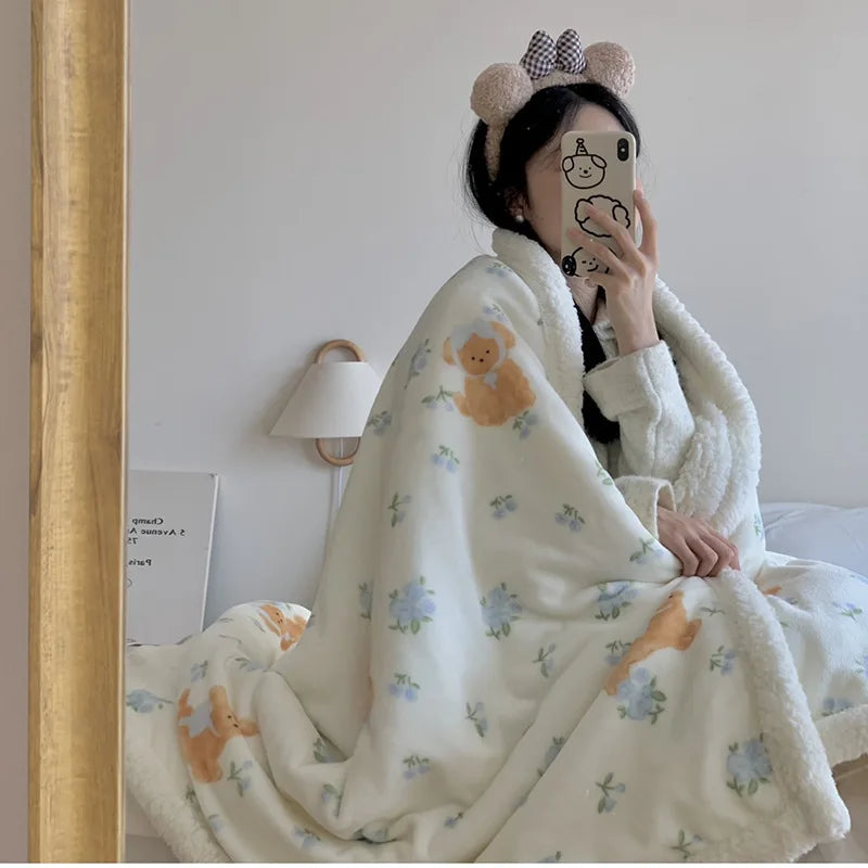 Afralia™ Cartoon Lamb Wool Blanket - Thick, Printed Coral Fleece Sofa Cover