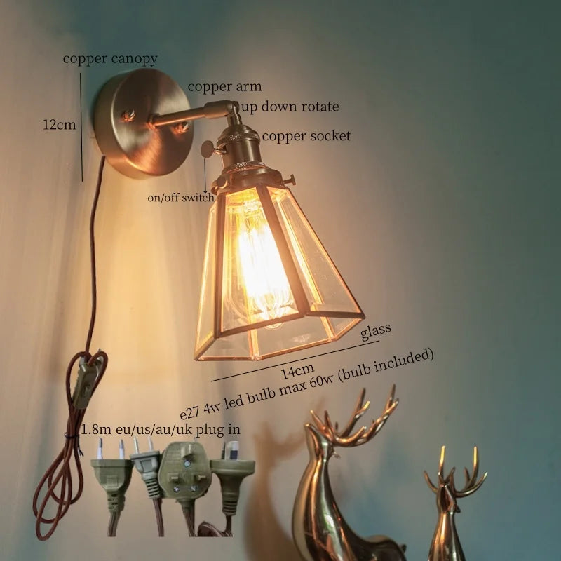 Afralia™ Brass Glass LED Wall Light Bathroom Mirror Vintage Aplique Pared