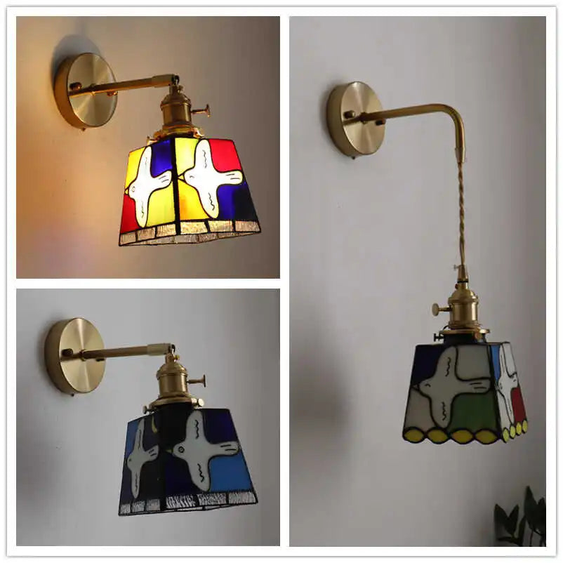 Afralia™ Tiffany Style LED Wall Sconce with Pull Chain Switch and Stained Glass Peace Dove