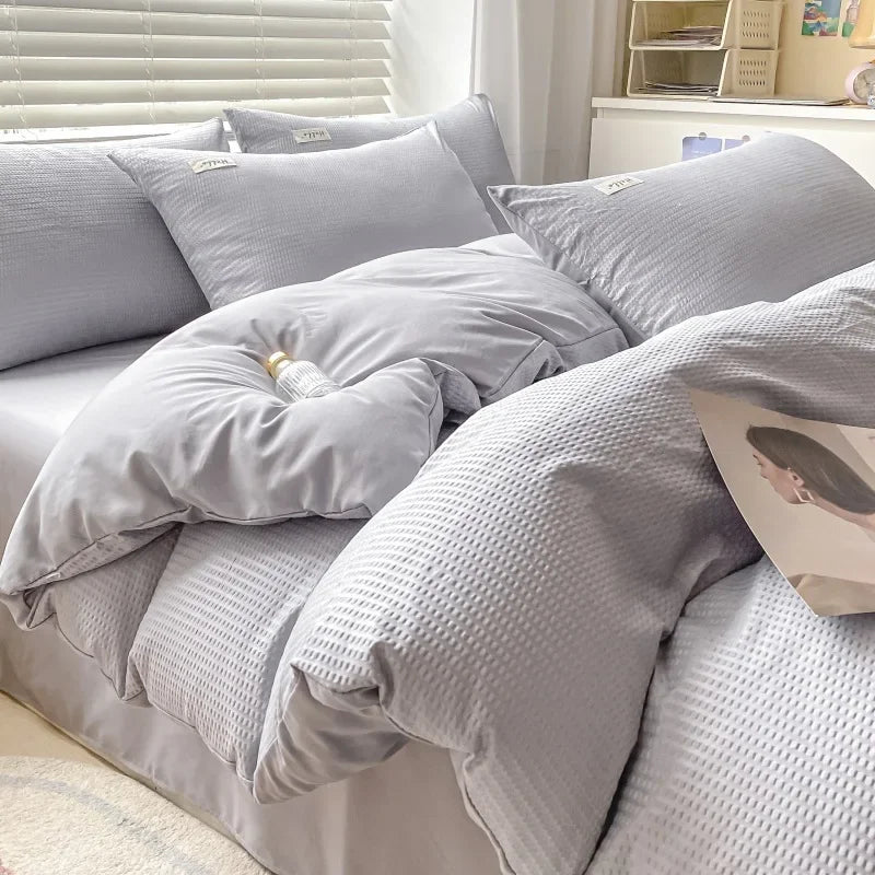 Afralia™ Soft Waffle Comforter Set with Printed Fitted Sheet for Single Double Beds