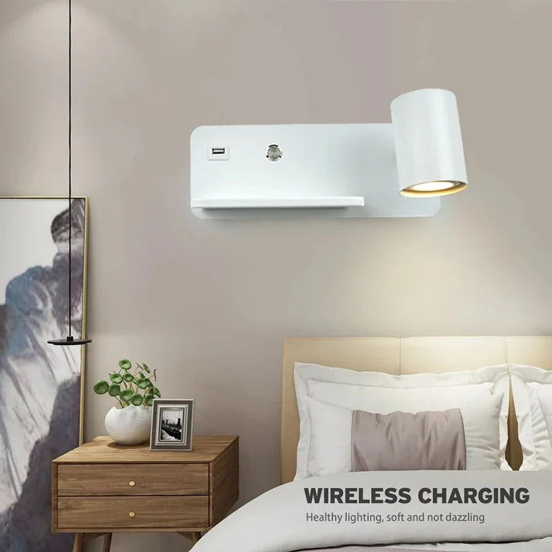 Afralia™ Wireless Charging Wall Sconce USB GU10 5W Switch, Modern Bedroom Reading Room Light