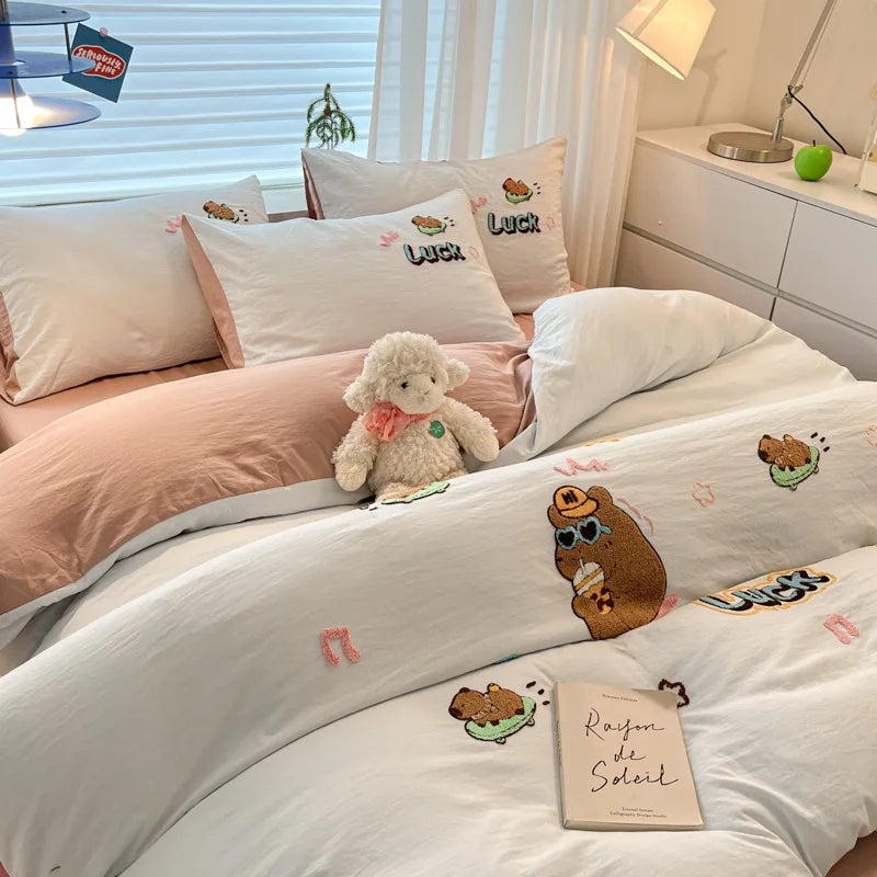 Afralia™ Cartoon Pattern Embroidered Bedding Sets: Cozy, Soft, and Breathable for Kids and Adults