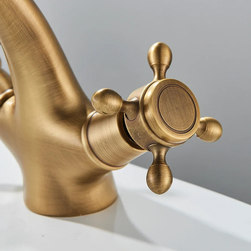 Afralia™ Antique Brass Dual Handle Basin Faucet Deck Mounted Bathroom Mixer Tap