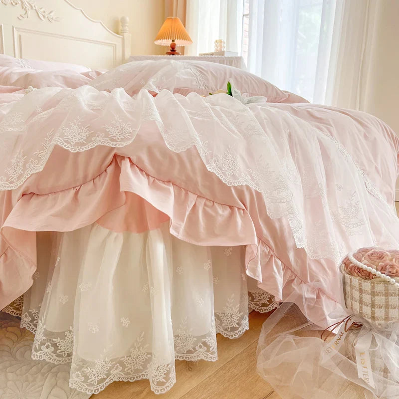 Afralia™ French Princess Lace Ruffles Bedding Set, 100% Cotton, Pink Romantic Theme