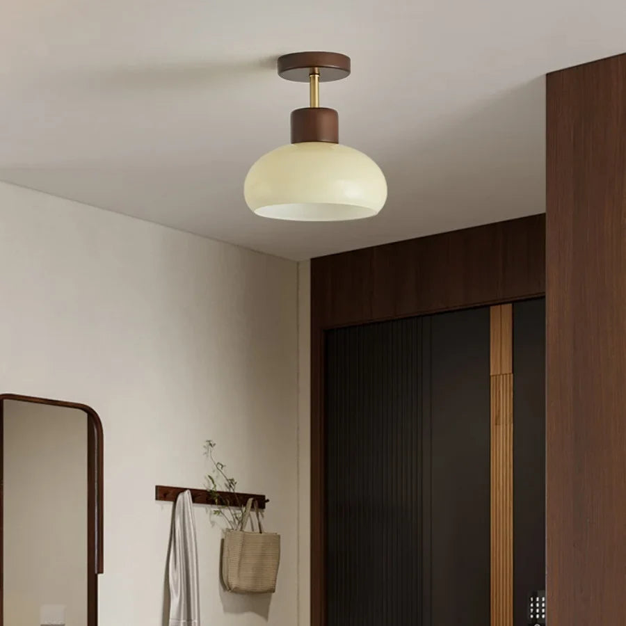 Afralia™ Pale Yellow Glass Wood LED Ceiling Lights Flush Mounted Round Nordic Modern
