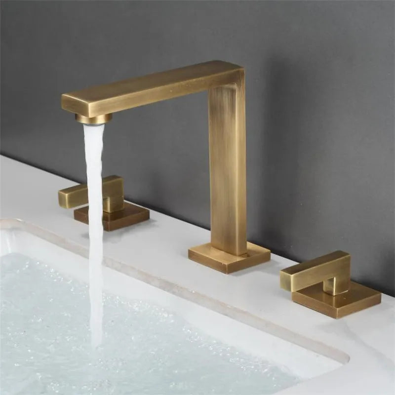 Afralia™ Brushed Gold Basin Faucet: Antique 3-Hole Waterfall Bathroom Faucet, Hot and Cold Water