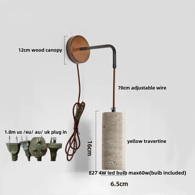 Afralia™ Wood LED Wall Lamp Yellow Travertine Pull Chain Switch Modern Nordic Style