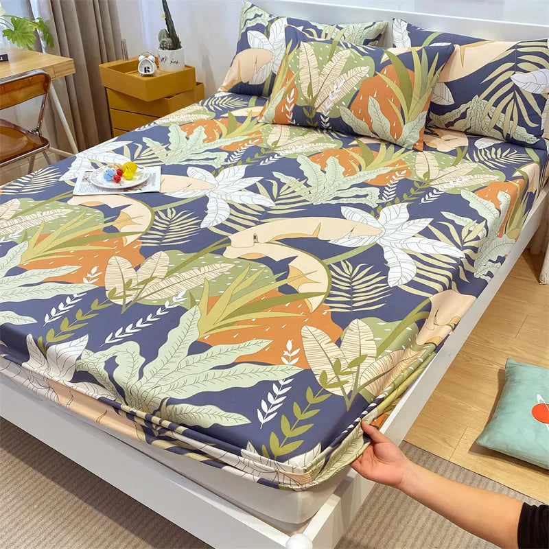 Afralia™ Fashion Flowers Print Cotton Fitted Sheet Single Piece Queen Size, Soft Pink Bed Linen