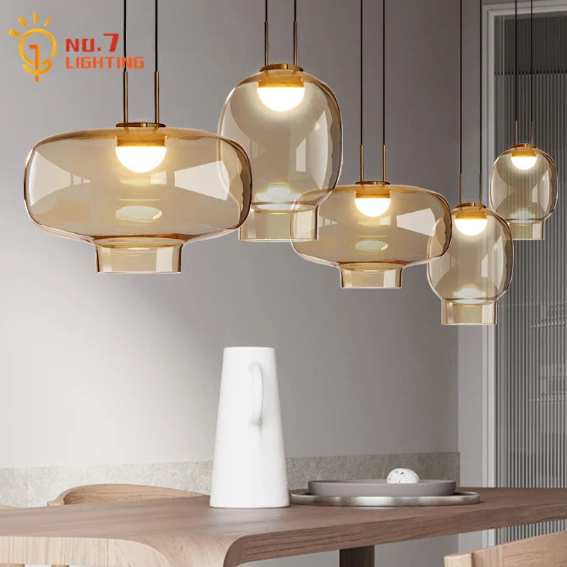 Afralia™ Retro Amber Glass Pendant Lights - Modern LED Indoor Lighting for Home and Business