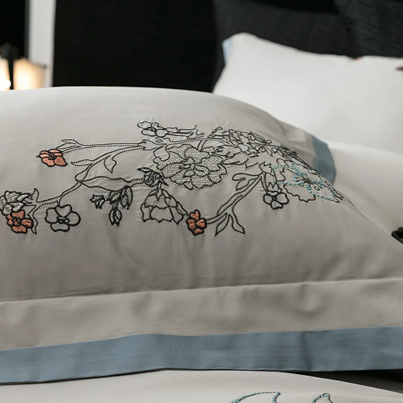 Afralia™ Cotton Flowers Horse Embroidery Luxury Bedding Set - Duvet Cover, Bed Sheet, Pillowcases