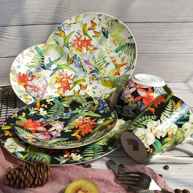 Afralia™ Spanish Flower Porcelain Tableware Set: Dinner Plates, Bowl, Mug, Main & Dessert Dish