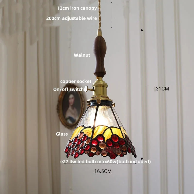 Afralia™ Walnut Wood LED Pendant Light Fixture Wine Red Glass Vintage Brass Hang Lamp