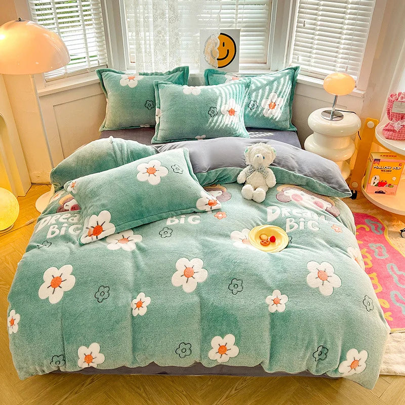 Afralia™ Flower Print Thicken Winter Warm Bedding Set with Sheet Pillowcases