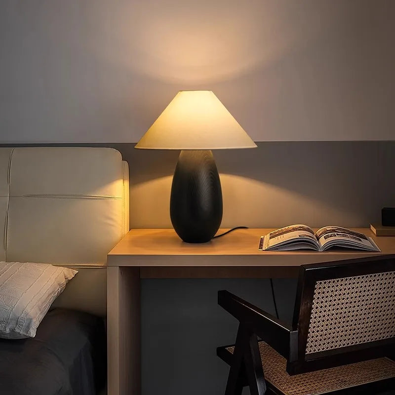 Afralia™ Wooden Mushroom Desk Lamp Black Engraved Table Light for Office Décor