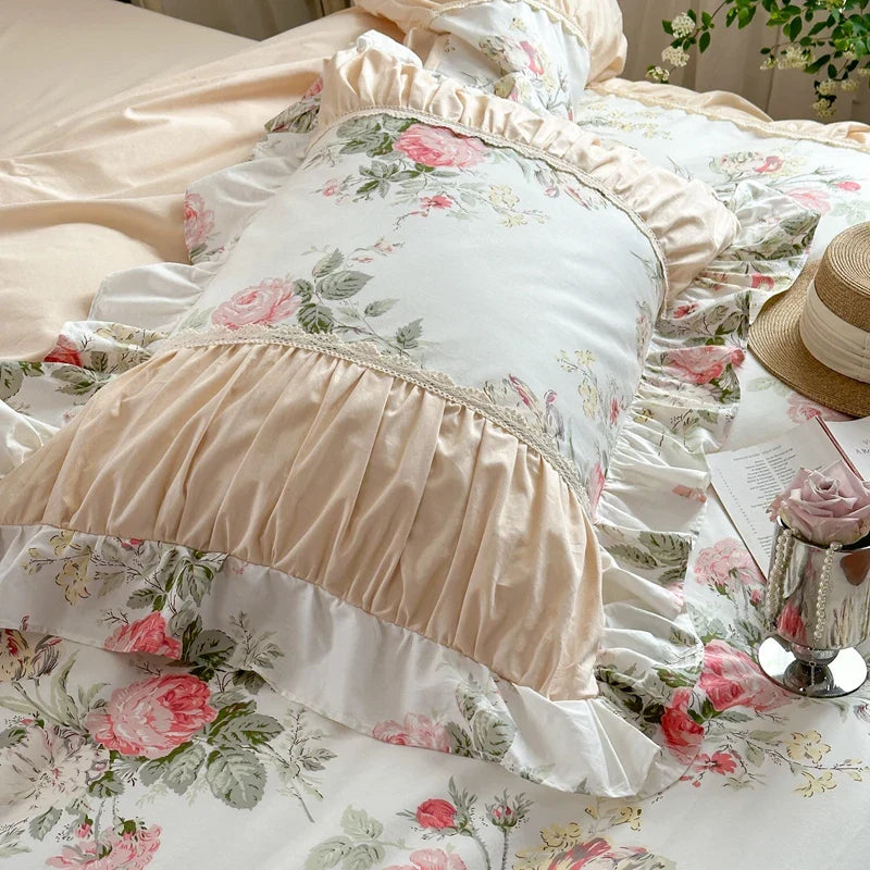 Afralia™ Korean Princess Style Floral Cotton Bedding Set with Ruffles