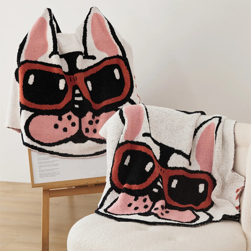 Afralia™ Kawaii Bulldog Knitted Blanket - Cozy Dog Design Throw Blanket