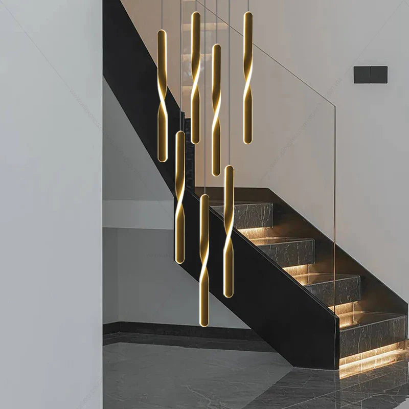 Afralia™ Modern Spiral Black Chandelier with Long LED Strip for Lobby, Restaurant, and Large Hall