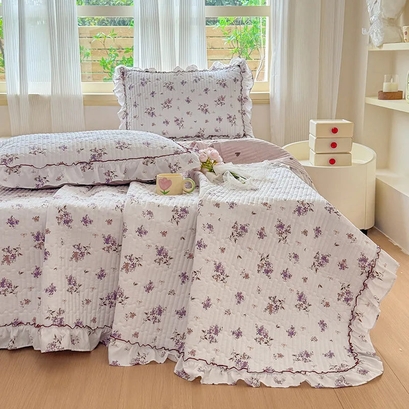 Afralia™ Princess Quilted Bed Cover: Korean Washed Cotton, Single, Lace Detail, Skin-Friendly Fabrics