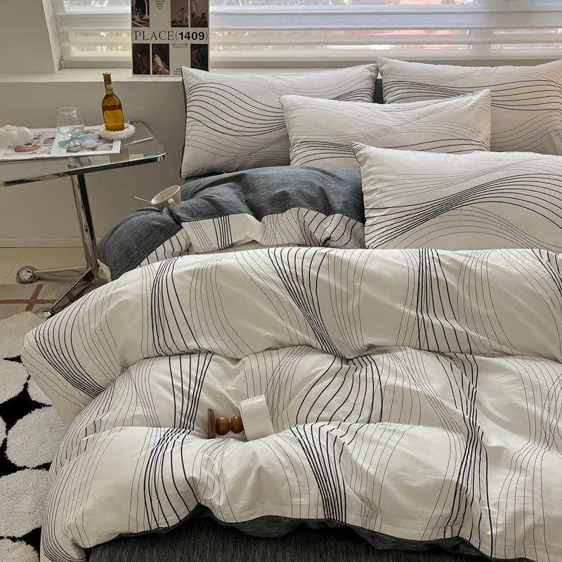 Afralia™ Pure Cotton Striped Bedding Set Duvet Cover Fitted Sheet Kit for Single/Double