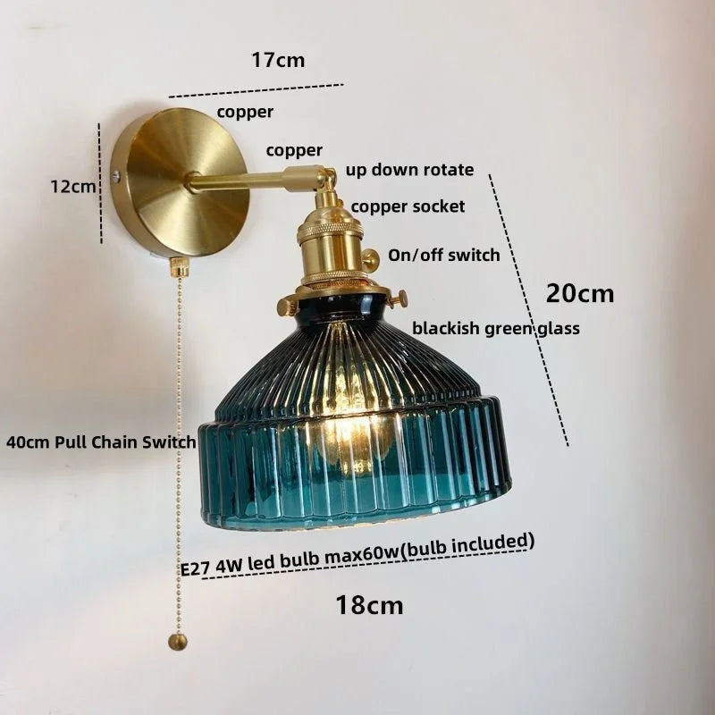 Afralia™ Glass Pull Chain LED Wall Lamp Copper Socket Study Living Room Stair Light