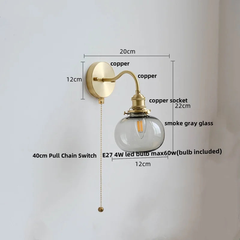 Afralia™ Green Class Ball LED Wall Light Fixture, Copper Socket, Pull Chain Switch