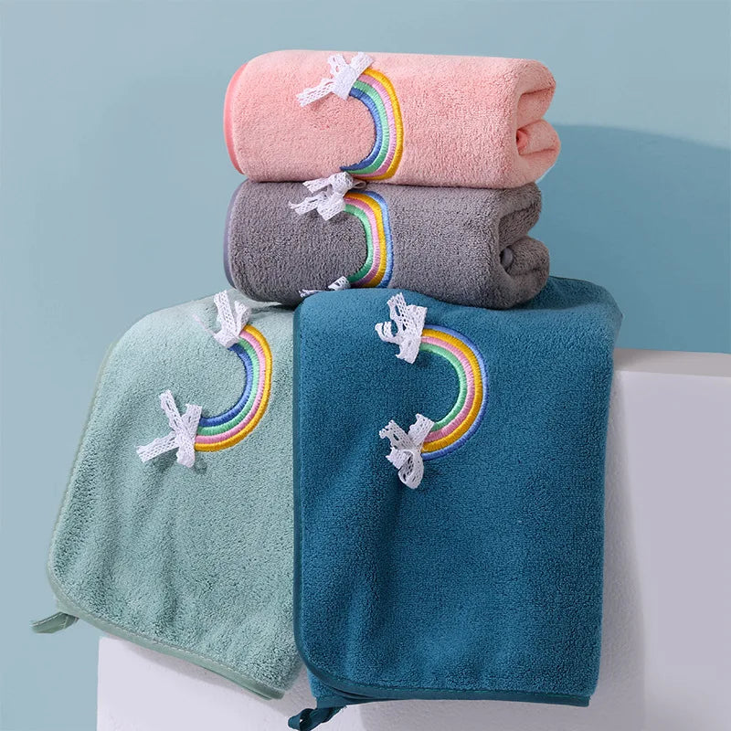 Afralia™ Rainbow Embroidery Coral Velvet Hand Towel for Baby Shower Bath