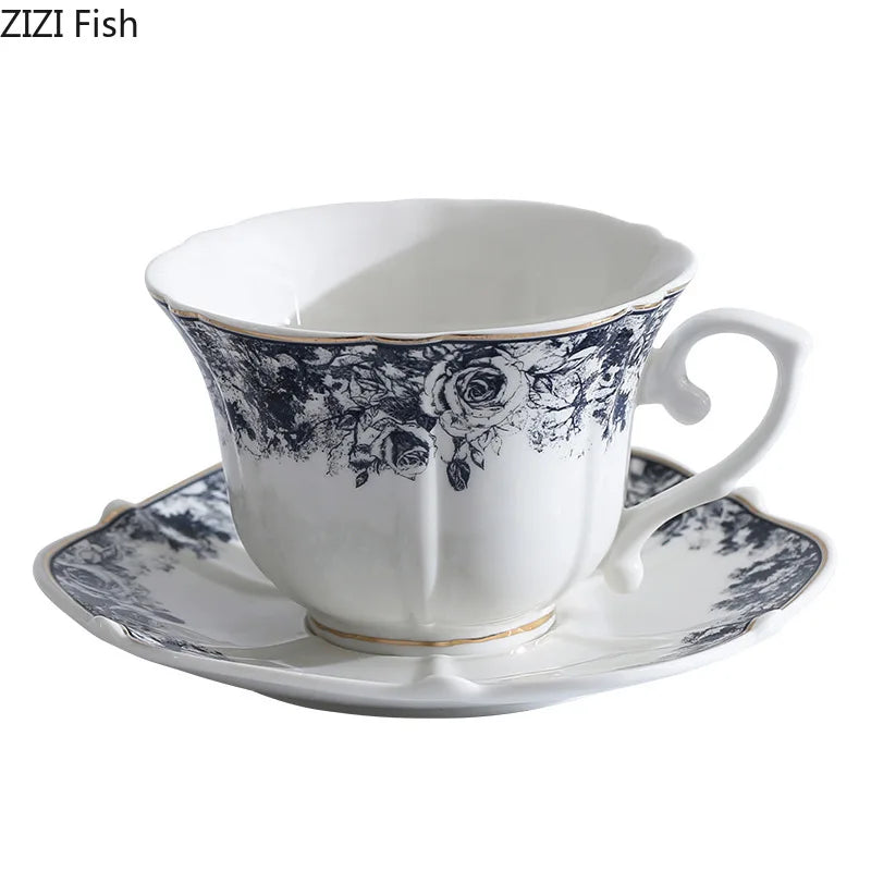 Afralia™ Grey Blue Rose Ceramic Cup & Saucer Set, Classical Mugs for Dining Table and Coffee Mug