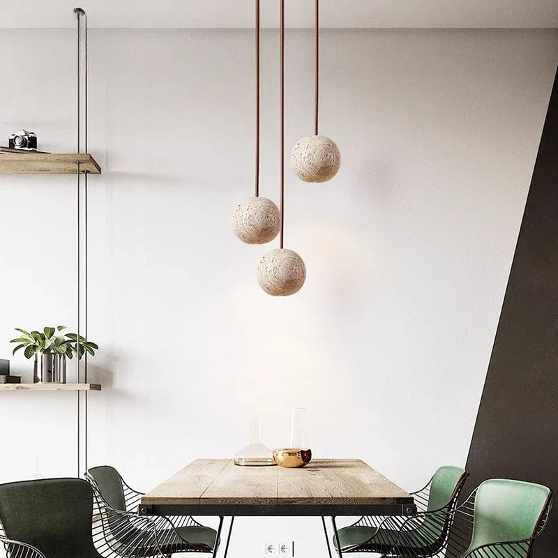Afralia™ Wabi Sabi LED Pendant Lamp Yellow Travertine Stone Ball Hanging Light
