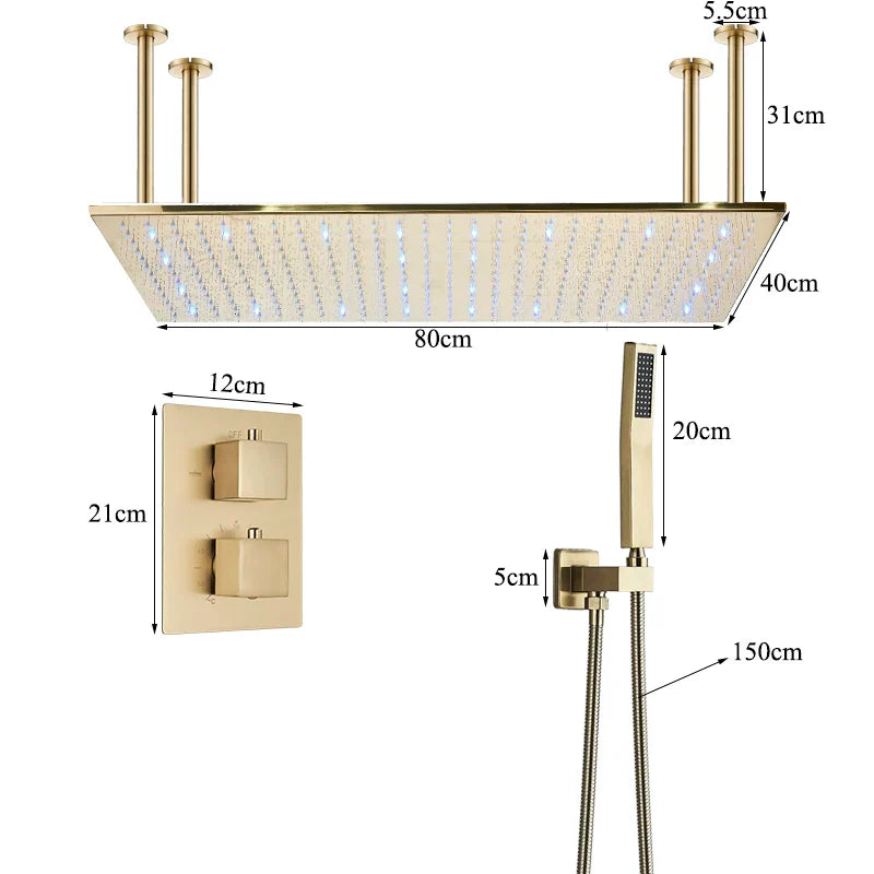 Afralia™ Brushed Gold LED Thermostatic Shower Faucet Set with Ceiling Rainfall Shower Head
