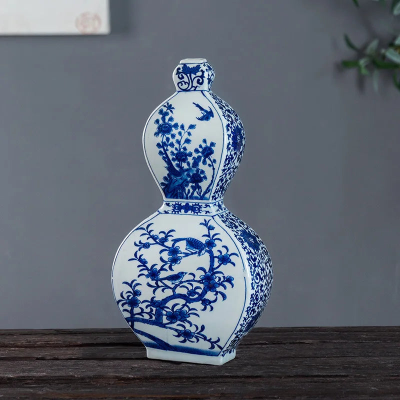 Afralia™ Blue White Porcelain Flower Bird Two Ear Vase Antique Ornaments Jingdezhen