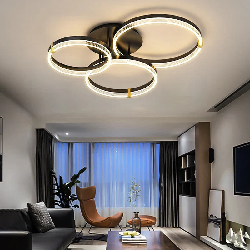 Afralia™ Modern Black Round Chandelier Rings LED Ceiling Light for Home Decoration