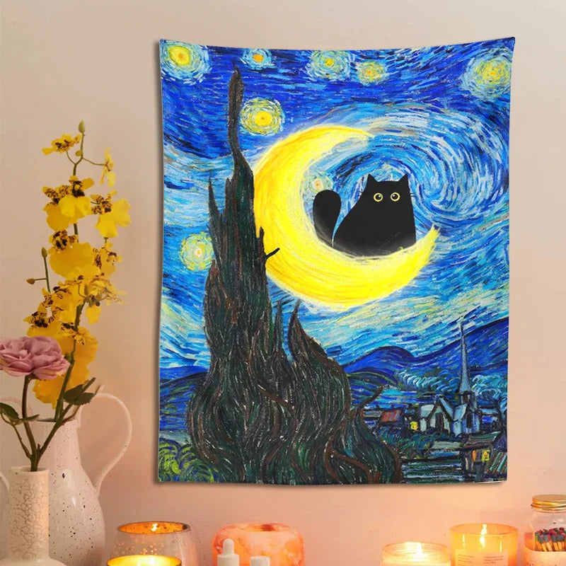 Afralia™ Starry Night Cat Tapestry Moon Cat Art Blanket Wall Hanging