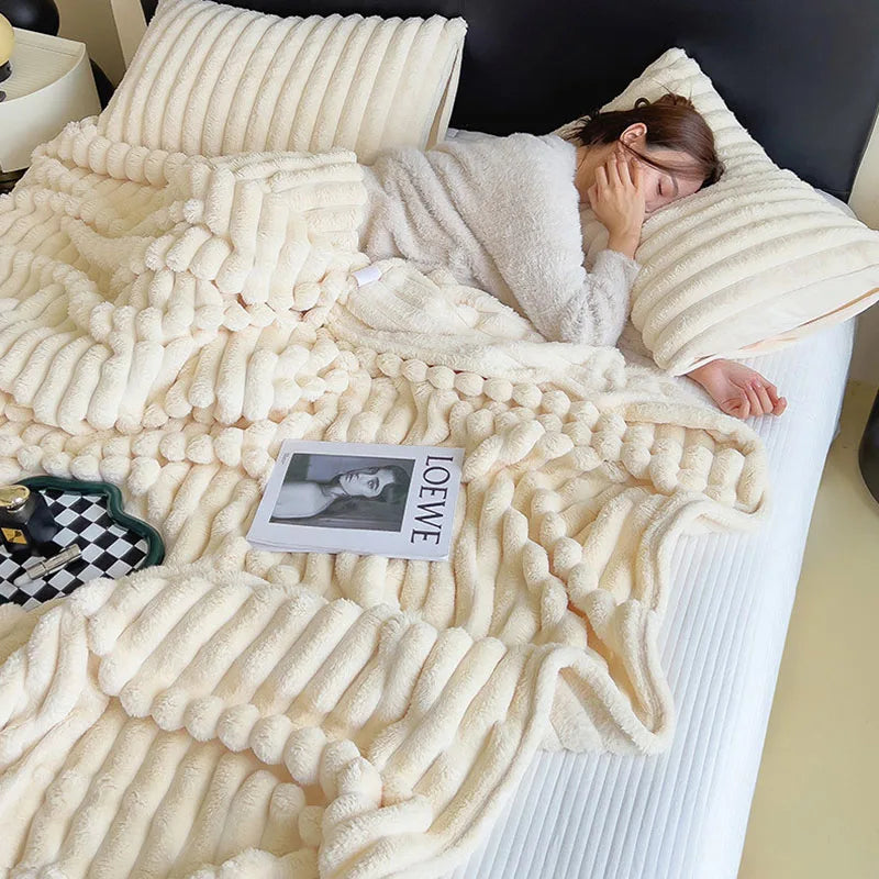 Afralia™ Faux Rabbit Plush Striped Blanket: Nordic Coral Velvet Carpet for Napping & Quilting.