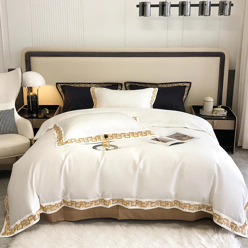 Afralia™ Luxury Black Gold Embroidery Bedding Set - Queen King Size Bed Linen Pillowcases
