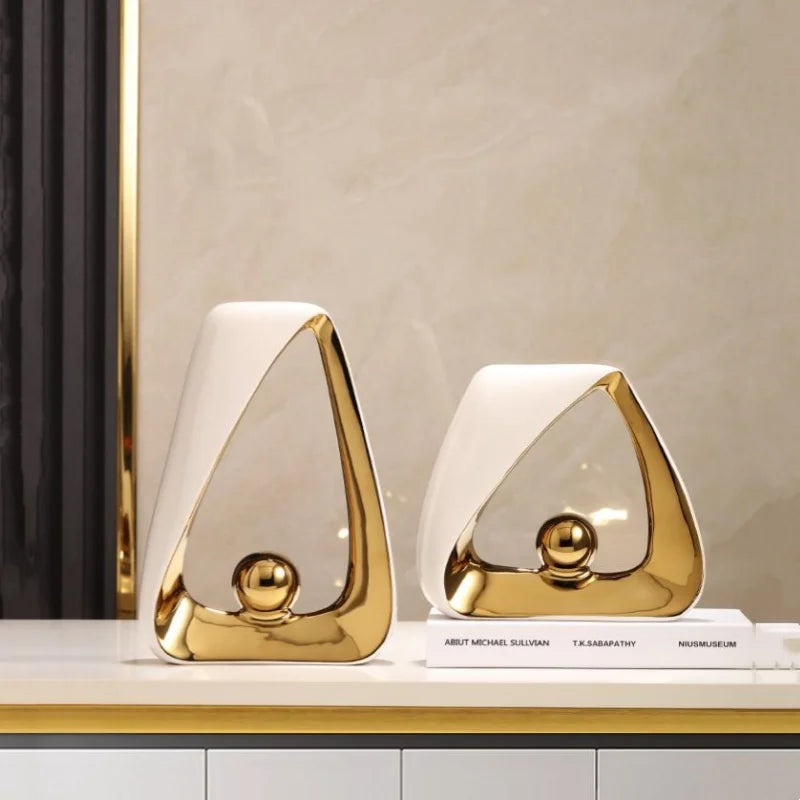 Afralia™ Geometric Triangles Golden Ball Skeleton Sculpture: Abstract Home Decor Figurine