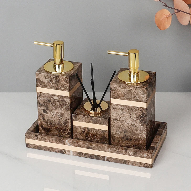 Afralia™ Emperador Dark Marble Bathroom Set: Toothbrush Holder, Soap Dispenser, Luxury Accessories
