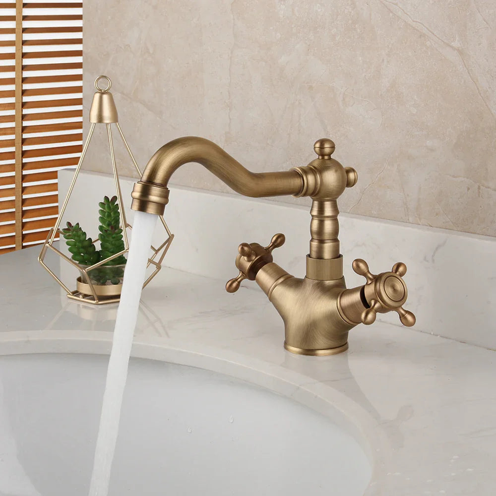 Afralia™ Antique Brass Kitchen Bathroom Faucet Swivel Mixer Tap Dual Handles Deck Mount