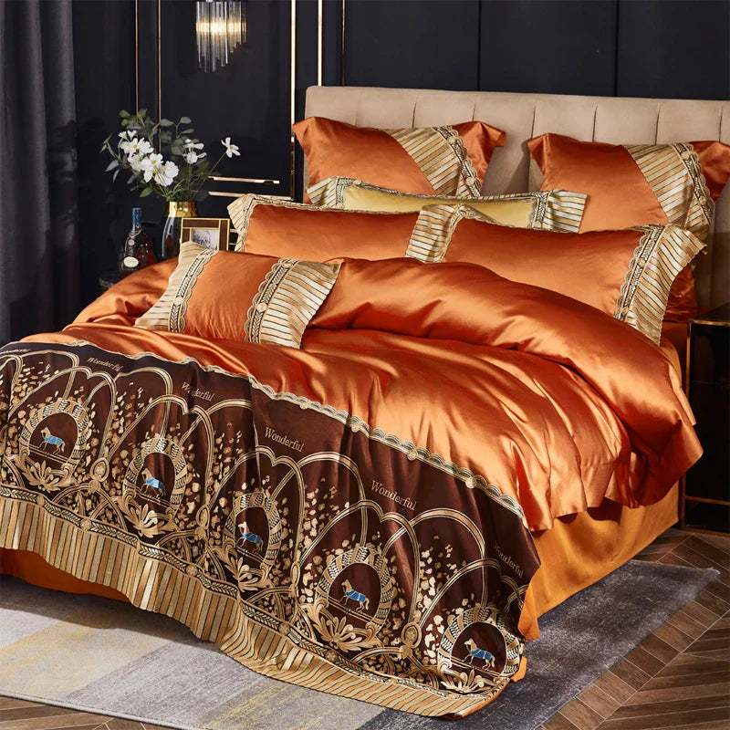 Afralia™ Luxury Horse Lace Silk Cotton Bedding Set, Orange, 1000TC