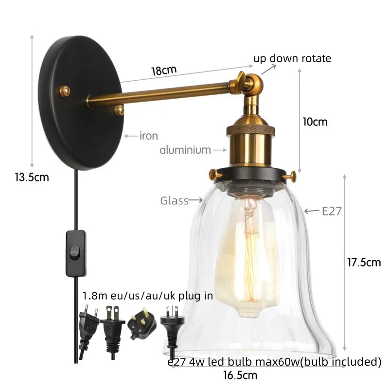 Afralia™ Vintage LED Wall Sconce Pull Chain Switch Glass Country Mirror Light