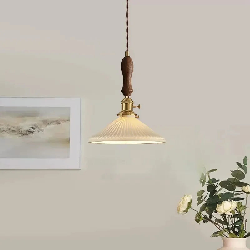 Afralia™ Ceramic LED Pendant Lamp with Wood Handle for Bedroom, Living Room, Dining - Vintage Japanese Style