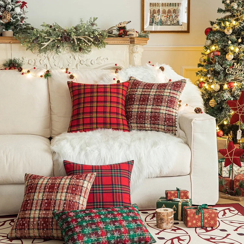 Afralia™ Christmas Plaid Cushion Cover, Classic Green Red Throw Pillow for Home Decor