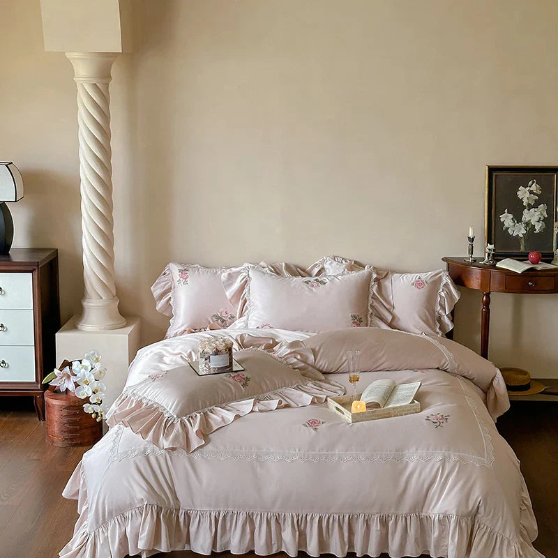 Afralia™ Vintage Lace Ruffles Embroidery Bedding Set with 1000TC Egyptian Cotton