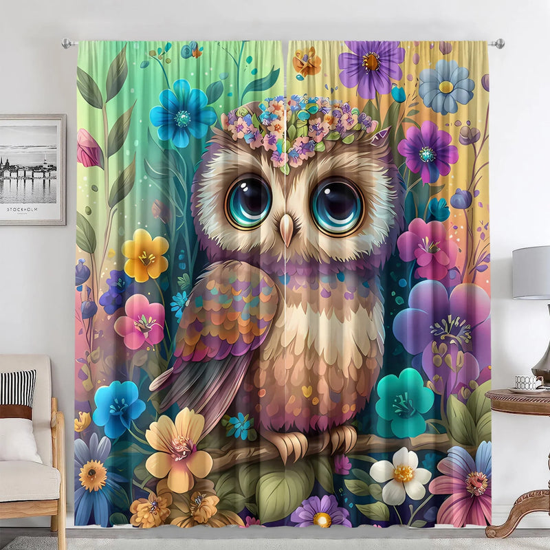 Afralia™ Black Cat Color Owl Modern Printed Curtain Set