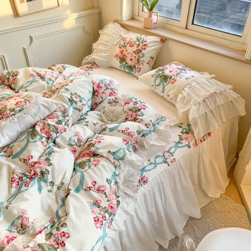Afralia™ Princess Bedding Set with Lace Ruffles and Flowers