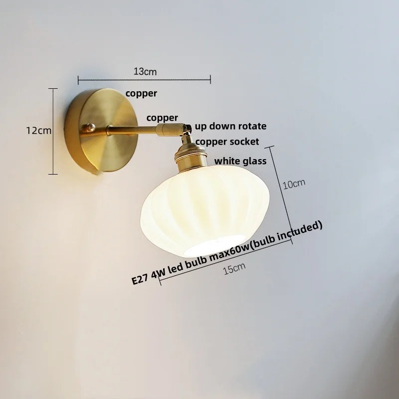 Afralia™ White Glass Copper LED Wall Sconce with Pull Chain Switch