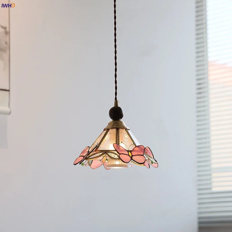 Afralia™ Butterfly Pink LED Pendant Lamp Walnut Wood Glass Nordic Modern Home Decor