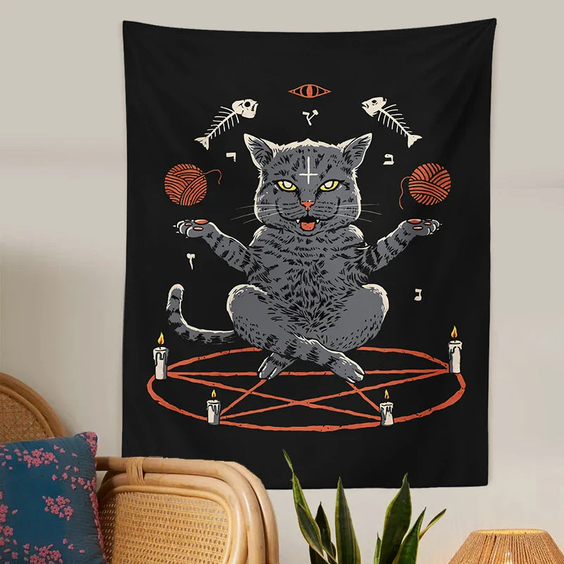 Afralia™ Cat Coven Tapestry Wall Hanging - Cool Black Witchcraft Decor for Living Room and Bedroom