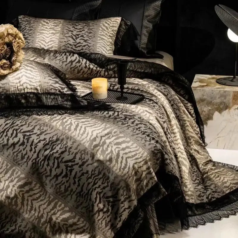 Afralia™ Black Lace Leopard Print 1000TC Egyptian Cotton Bedding Set 4Pcs